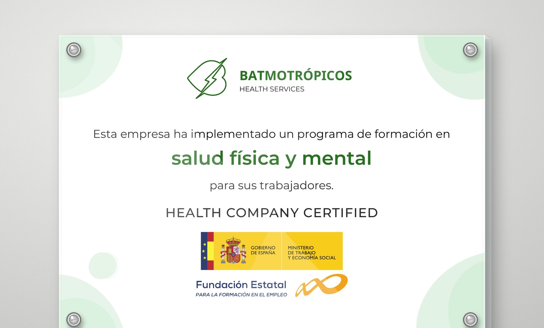 Placa Empresa Saludable Batmotrópicos para empresas que realizan formación en bienestar corporativo.